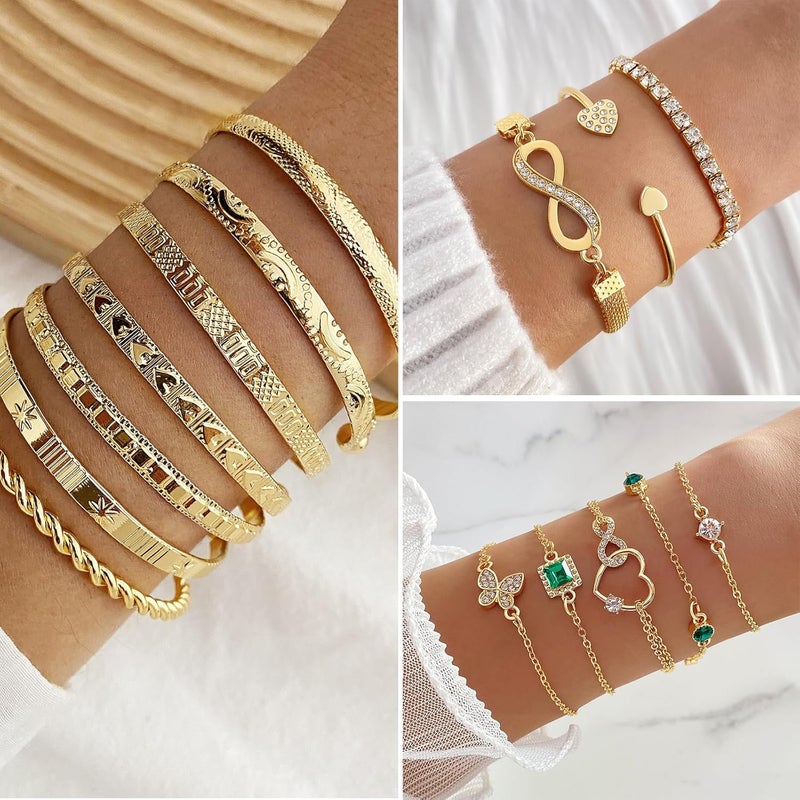 IFKM Gold Plated Jewelry Set for Women,14k Gold Plated Multi Layer Necklaces Stackable Bangle Bracelets Stackable Knuckle Rings Hoop Earrings Set Anniversary Trendy Elegance Charms Anniversary Birthday Jewelry Gift - Image 3